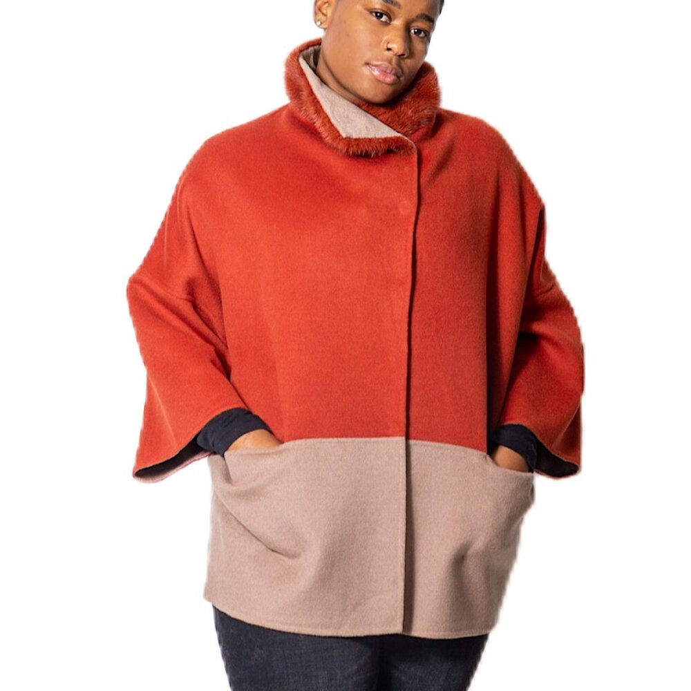 Orange and Tan Cashmere Blend Carcoat with Mink Fur Collar
